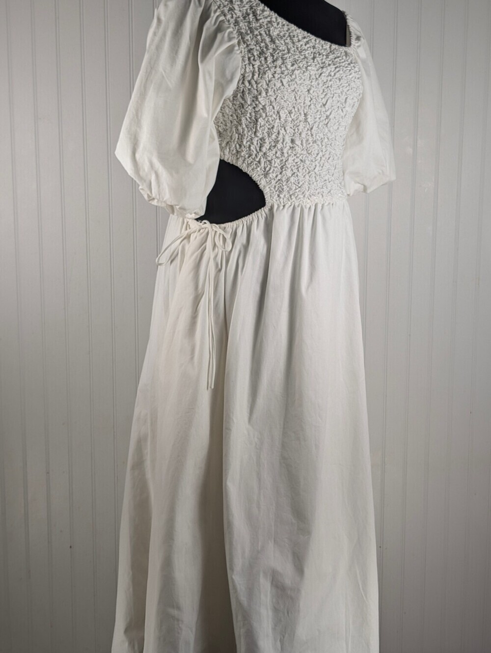 Benaar NWT White Puff Sleeve Smocked Bodice Cotton Maxi Dress Side Cutouts Large